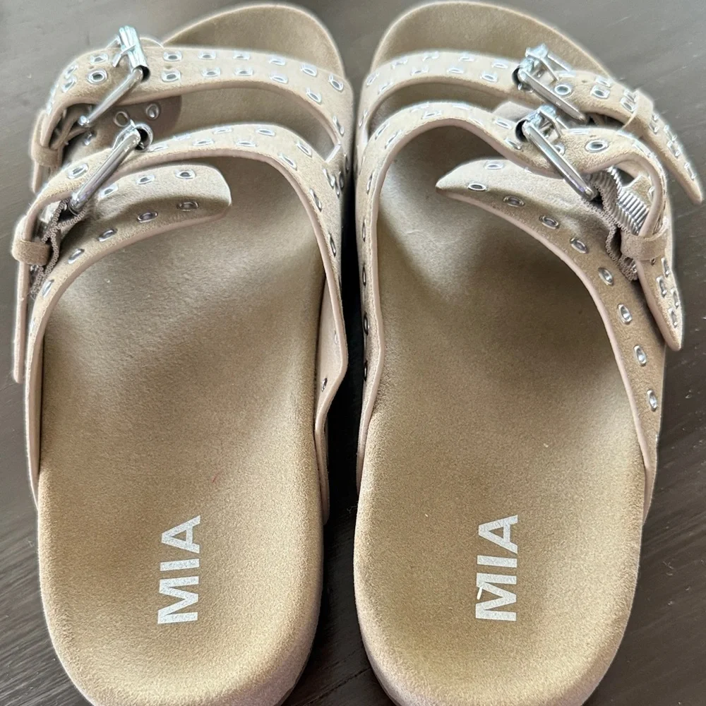 MIA Taupe Double-Buckle Studded Slide Sandals 10 - Picture 2 of 6